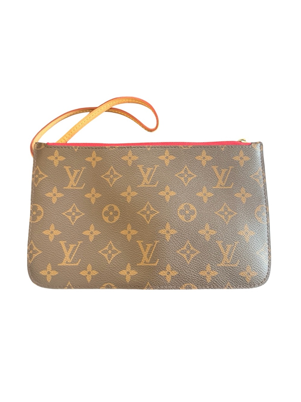 Authentic Louis Vuitton Neverfull Pouchett Monogram Canvas Wristlet Red Trim